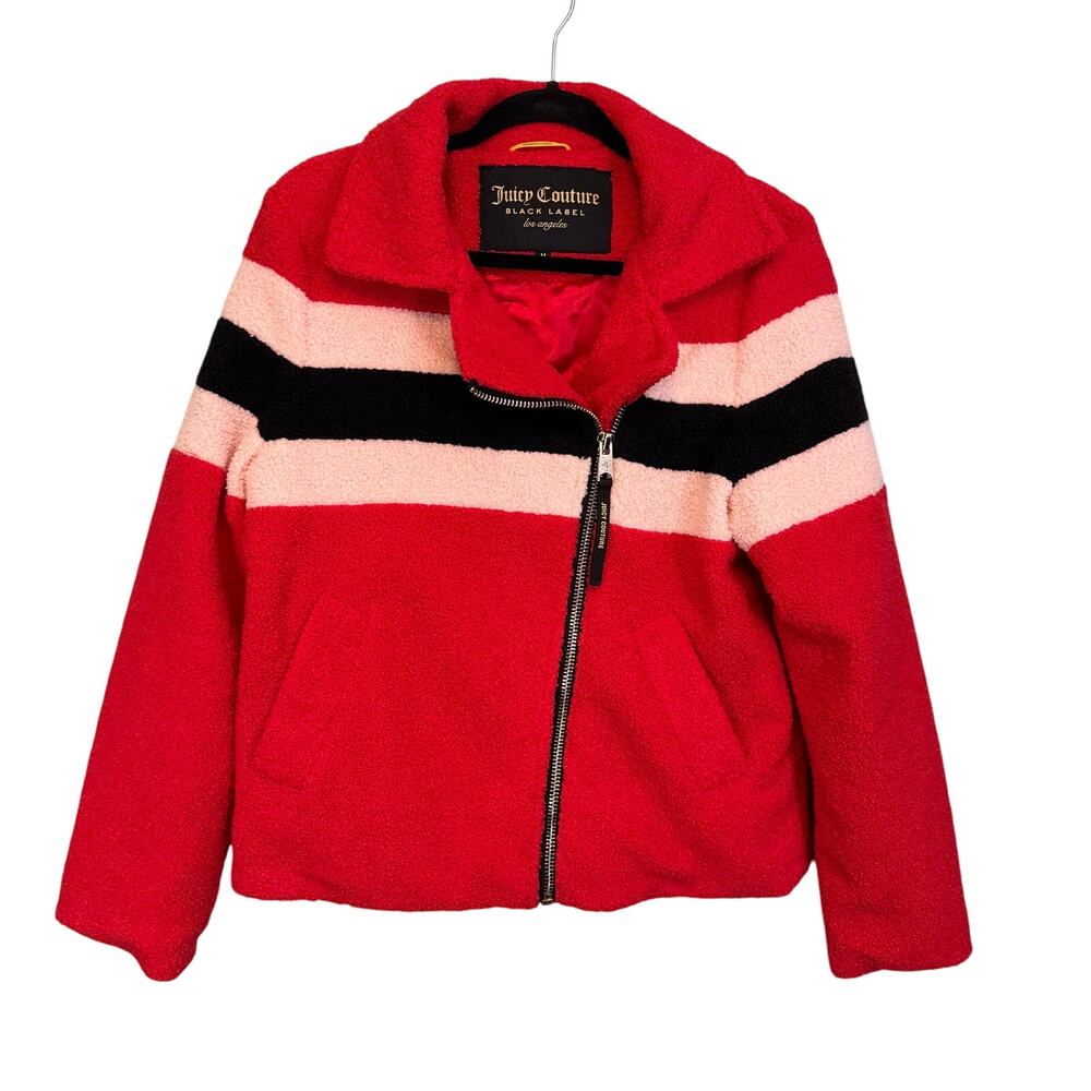 Juicy Couture Black Label Jacket Women M Red Striped Asymmetric Zip Sherpa Lined